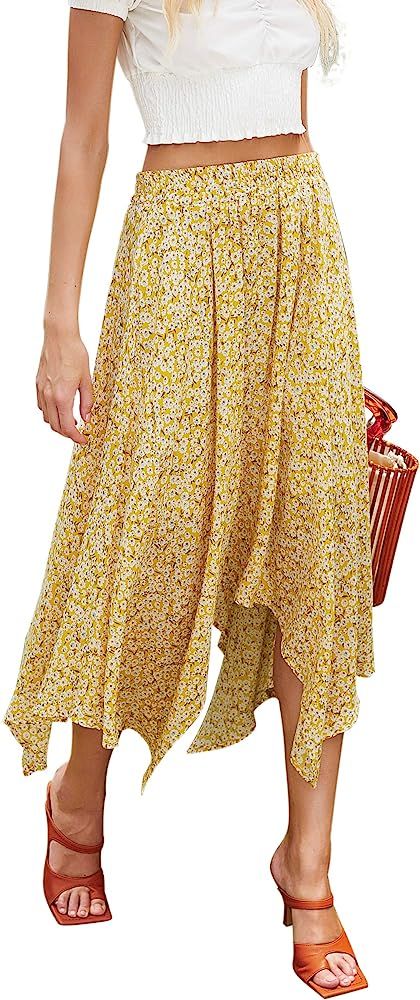 Women's High Waist Asymmetrical Boho Midi Casual Floral Skirt | Amazon (US)