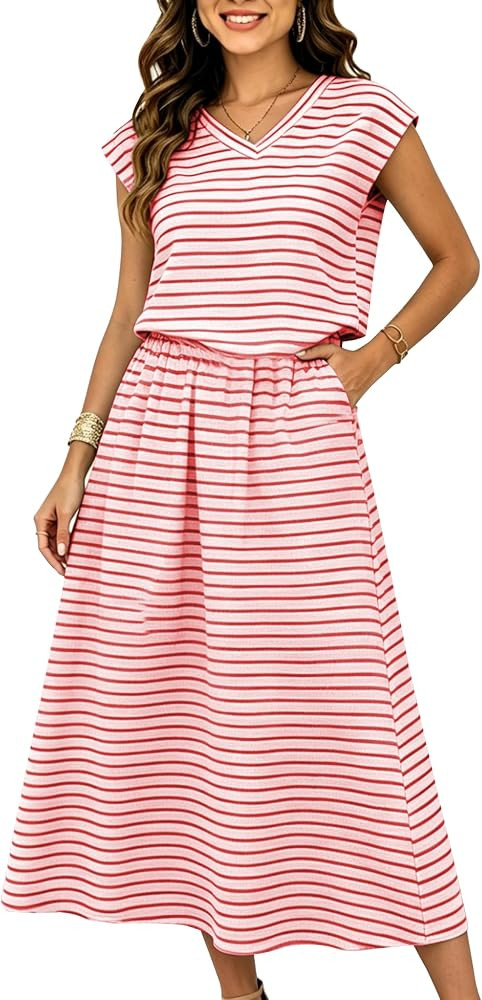 HangNiFang Striped Two Piece Maxi Skirt Set for Women V Neck Cap Sleeve Summer Dress Set Outfits ... | Amazon (US)