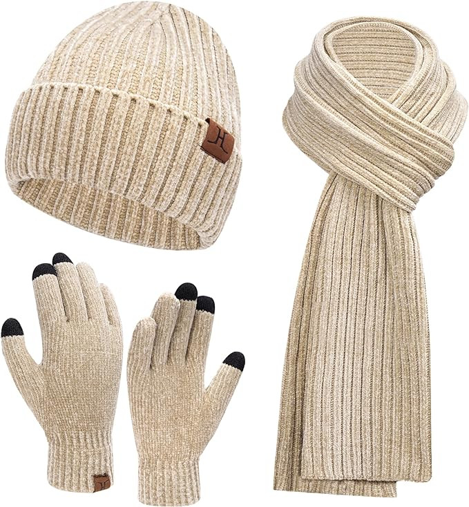 Womens Winter Knit Warm Hat Beanie Long Scarf Touch Screen Gloves Set Skull Caps Neck Scarves for... | Amazon (US)