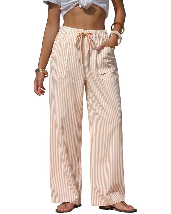 EXLURA Womens Summer Striped Pants Faux Linen Comfy Drawstring Wide Leg Pants Pockets Resort Beac... | Amazon (US)