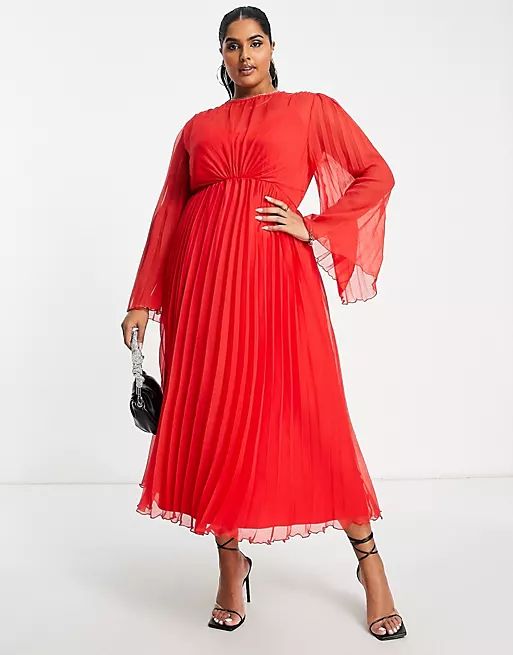 ASOS DESIGN Curve tie back fluted sleeve pleated midi dress in red | ASOS (Global)
