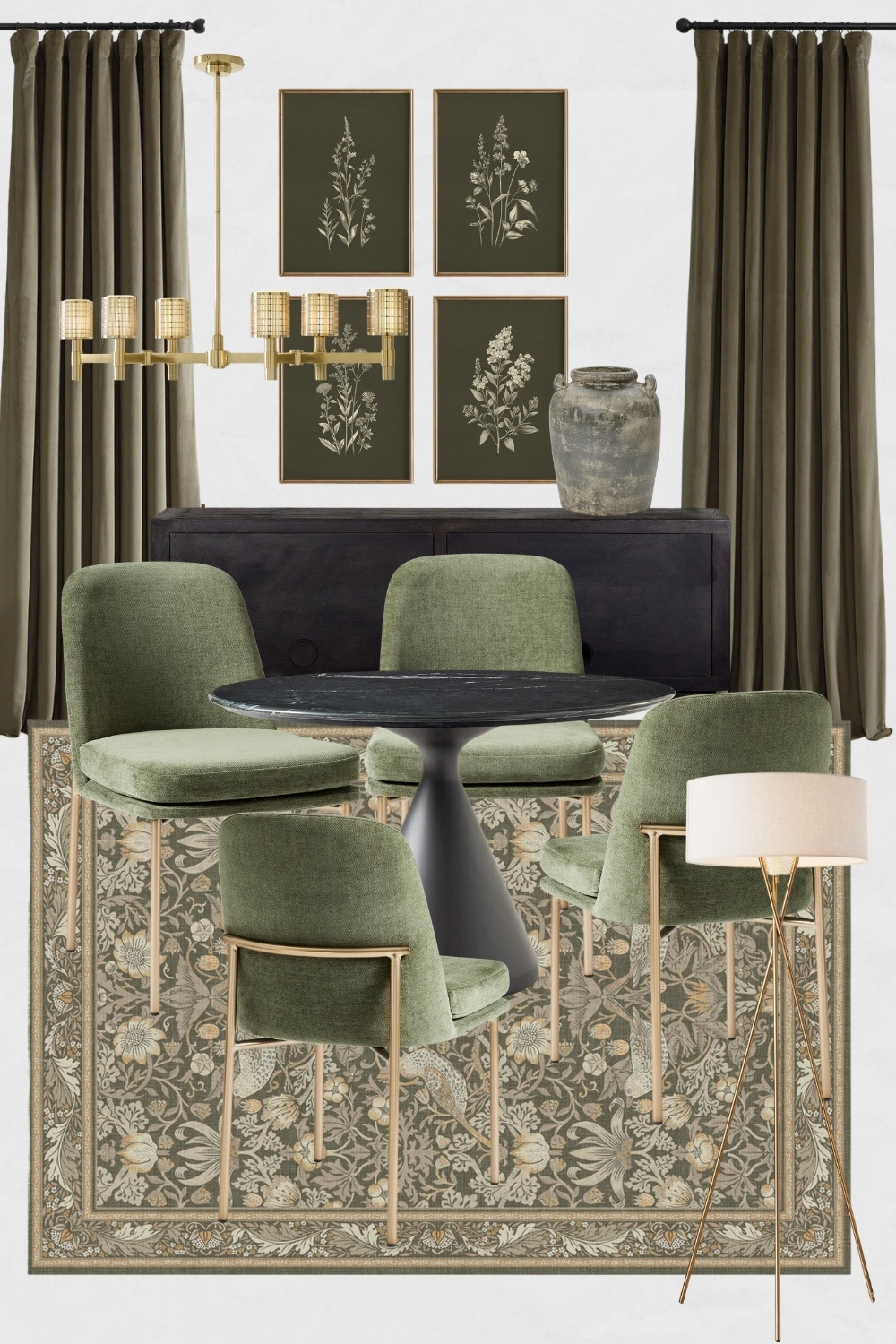 Olive Green Dining Room Moodboard, Eclectic Green dining room design ideas, black dining room sideboard, green dining chairs, transitional dining room furniture

#homedecor #transitional #eclecticdiningroom #diningroomdesign #diningroomdecor 

 #LTKHome #LTKSaleAlert
