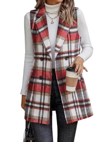 IDEALSANXUN Plaid Vest for Women 2025 Christmas Outfits Clothes Fall Jackets Winter Coats Sleeveless Tweed Blazer Trench Coat, Wine, S | Amazon (US)