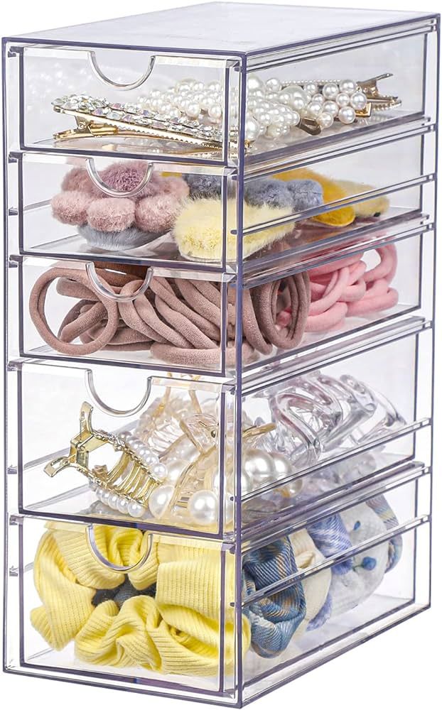 FABROK Clear Hair Accessory Organizer Box with 5 Drawers, Compact Storage Organization Drawers Se... | Amazon (US)