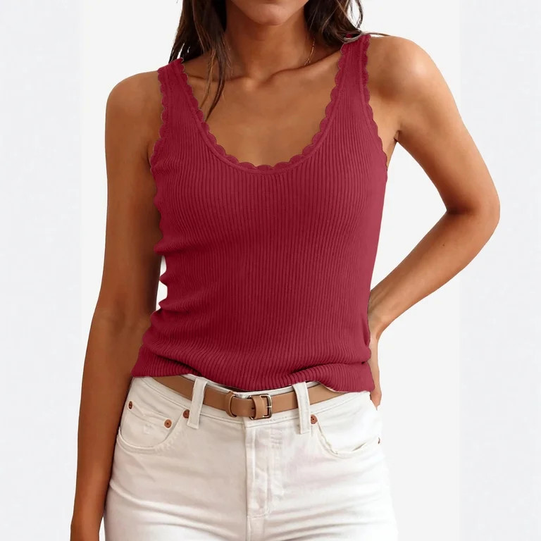 Womens Scoop Neck Tank Tops 2026 Sleeveless Ribbed Knit Shirts Summer Casual Vest Red M | Walmart (US)