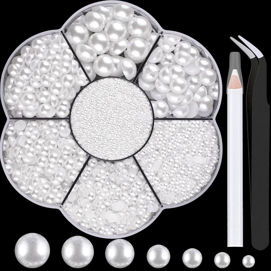 Nail Art Flat Back Half Round Pearl Kits 3, 1 Box of 5600 Pcs Flat-Back White Pearl with Tweezer ... | Amazon (US)