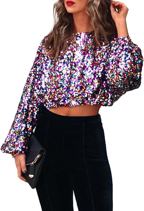 Women Sequin Top, Balloon Long Sleeve Glitter Party Top Disco Sparkle Crop Top Sequin Blouse for ... | Amazon (US)