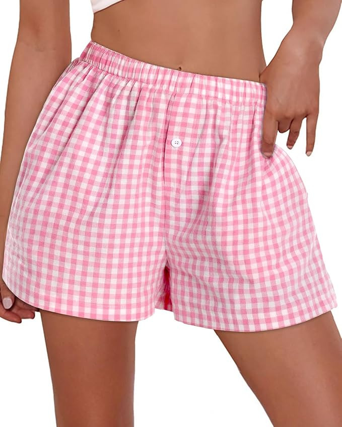 Boxer Shorts for Women Summer Gingham Pajama Casual Plaid Shorts Y2K Beach Bottoms with Pocket | Amazon (US)