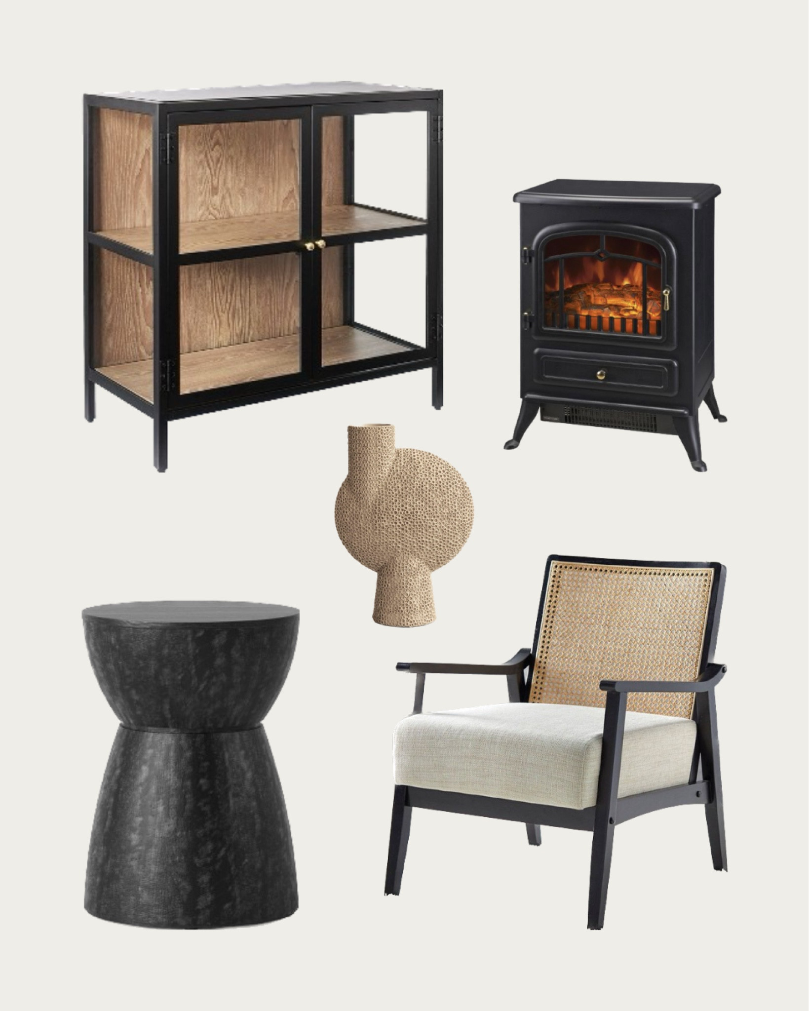Black and creamy beige home design with black table, glass cabinet, black wood framed armchair, realistic electric fireplace heater and large ceramic bubl vase. These are beautiful for black home design.

#LTKhome