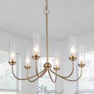 Plated Brass Linear Candlestick Island Chandelier 6-Light Pendant Light with Seeded Glass Shades ... | The Home Depot