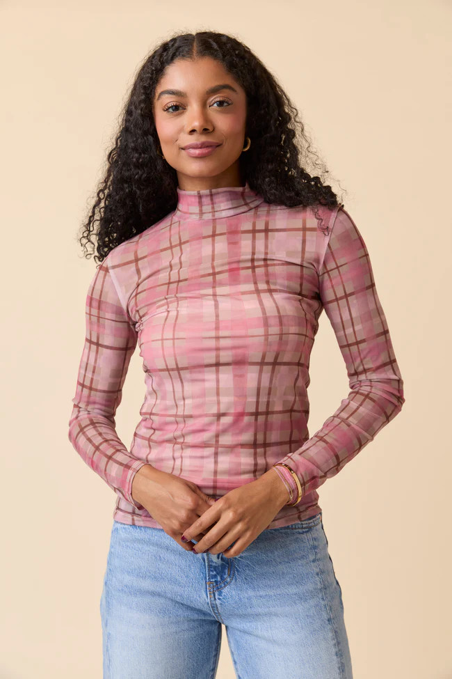 Ansley Long Sleeve Pink Plaid Mesh Mock Neck Top | Pink Lily