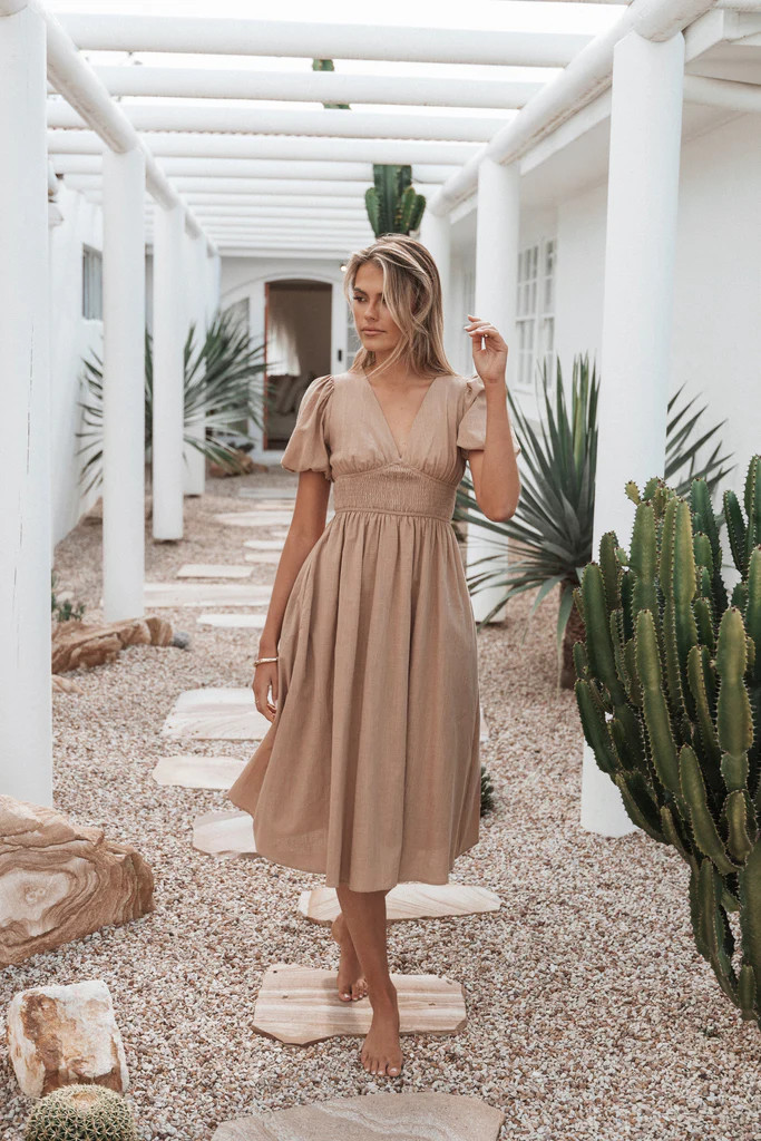 Ronnie Short Sleeve Midi Dress - Tan | Petal & Pup (US)