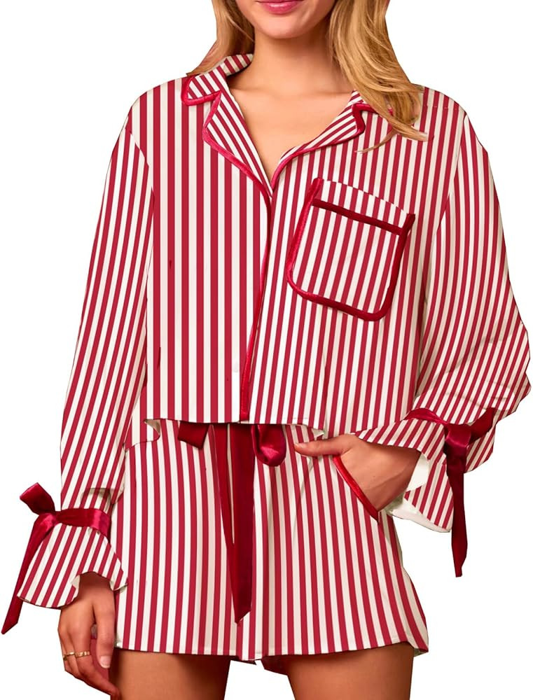 Thopavenoir Women Bow Tie Sleeve Pajamas Set for Valentine's Day Satin Silk 2 Piece Pjs Set Love ... | Amazon (US)