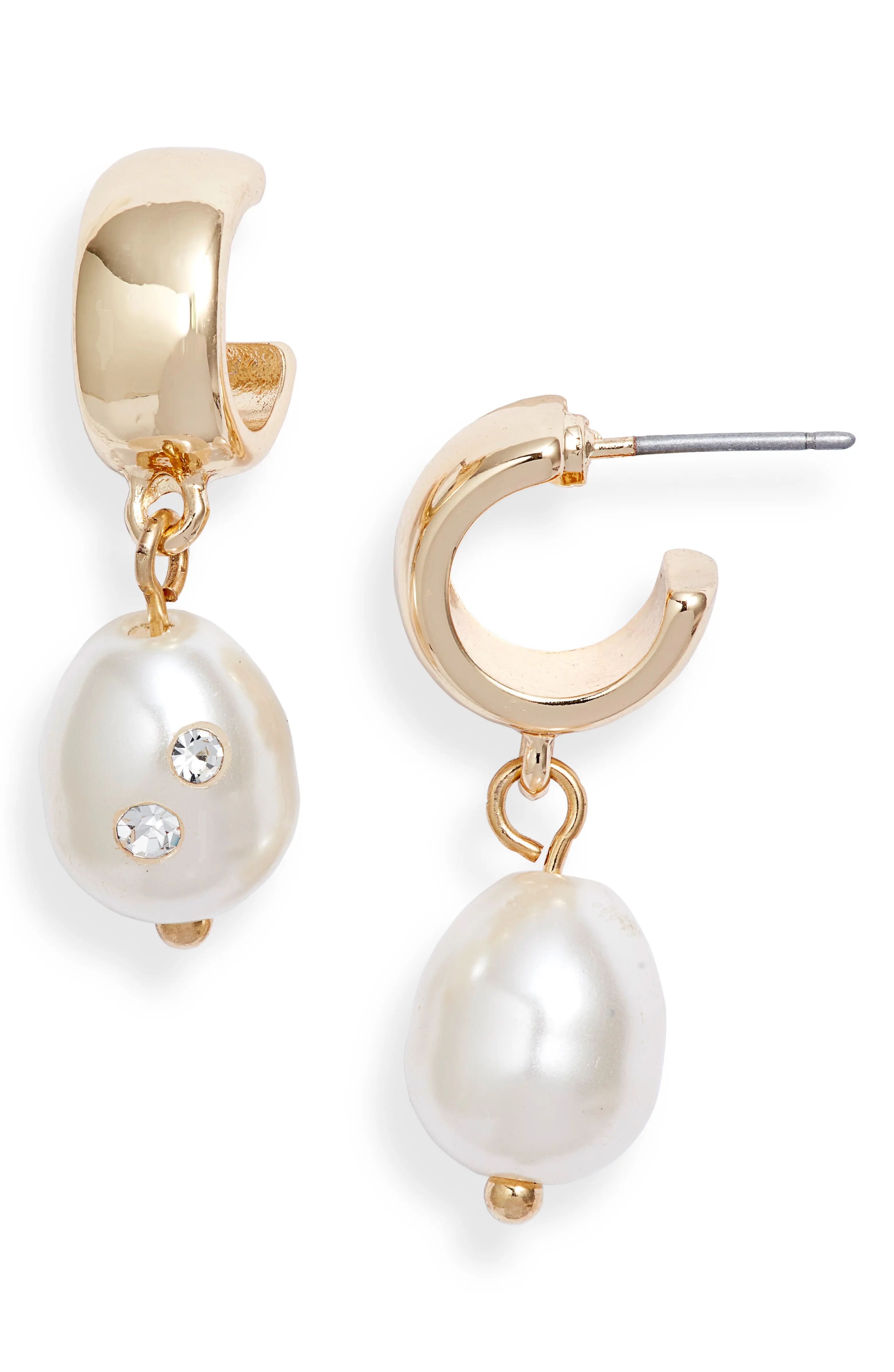 Something Navy Imitation Pearl Huggie Hoop Earrings (Nordstrom Exclusive) | Nordstrom | Nordstrom