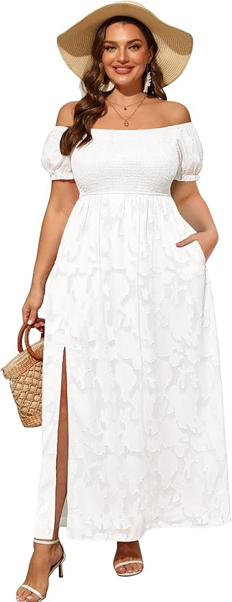 Plus Size Summer Dresses - Boho Casual Off Shoulder Floral Long Maxi Dress with Pockets | Amazon (US)