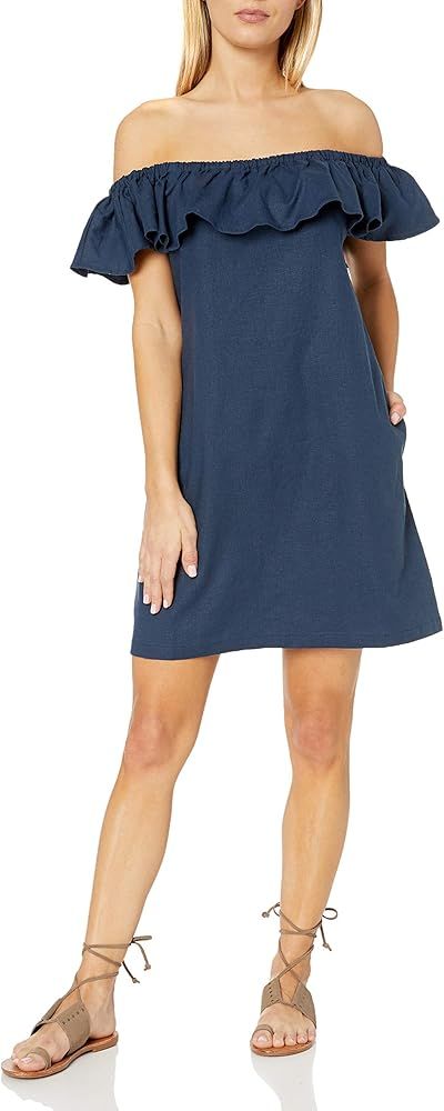 Amazon Brand - 28 Palms Women's Linen Blend Tropical Hawaiian Print Off-Shoulder Dress | Amazon (US)
