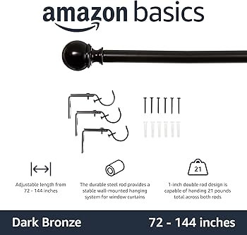 Amazon Basics Adjustable Curtain Rods for Windows, Round Finials, 1-Inch Rod, 72" to 144", Dark B... | Amazon (US)