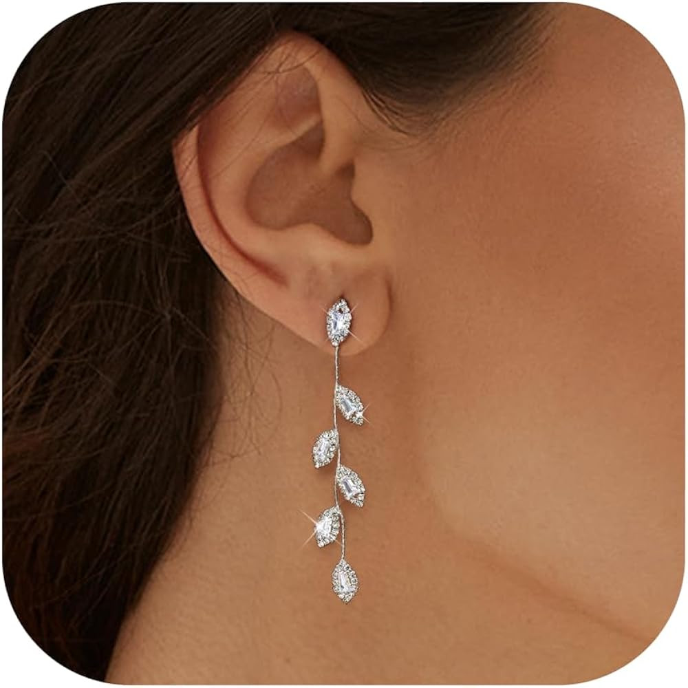 FIBO STEEL Rhinestone Silver Dangle Earrings for Women Crystal Prom Wedding Earrings for Brides S... | Amazon (US)