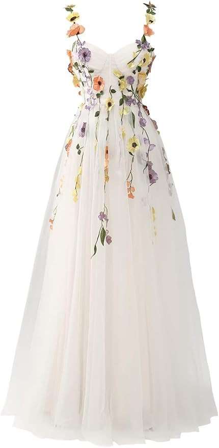 Fivsole 3D Floral Applique Prom Dresses Flower Tulle Long Wedding Formal Evening Gown | Amazon (US)