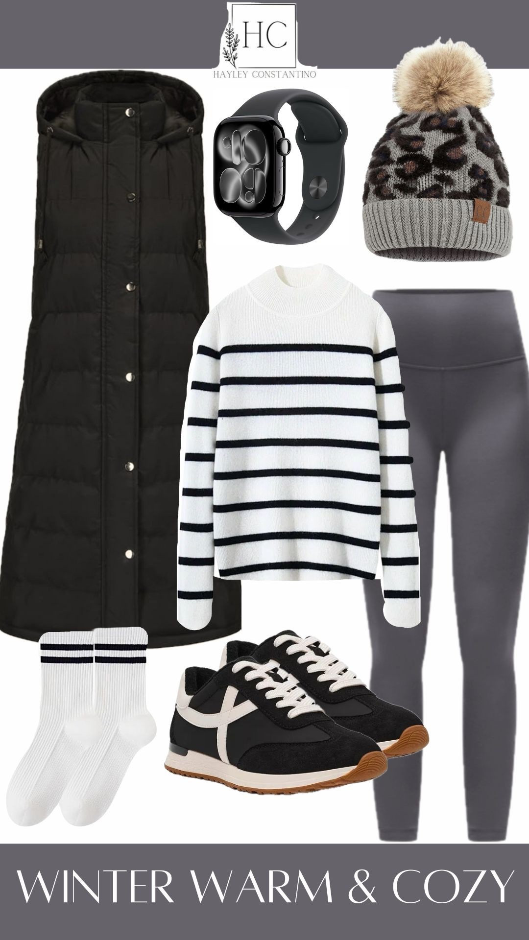 This winter outfit is cute meets cozy cool ❄️✨—perfect for women who want to look put-together without sacrificing comfort.
🖤 The vibe: effortless, sporty, and stylish Start with sleek charcoal leggings that move with you from morning lectures to late-night study sessions. Layer on a classic black-and-white striped sweater for that timeless, “I just threw this on” aesthetic that always works. Top it off with a long black puffer vest—warm, flattering, and ideal for chilly morning walks across campus.
👟 Details that make it pop:
	•	Black sneakers keep things comfy and practical while still looking trendy
	•	White crew socks with black stripes add a fun, athletic edge
	•	A leopard-print pom beanie brings personality and a playful statement
	•	A smartwatch finishes the look with a modern, on-the-go feel
💫 Perfect for: ✔ Classes ✔ Coffee runs ✔ Library hangs ✔ Weekend errands

Overall, this outfit says “I’m cozy, confident, and cute—without trying too hard.” It’s the ultimate winter uniform for life 🖤🎓


#LTKmomlife #LTKootd #LTKTall