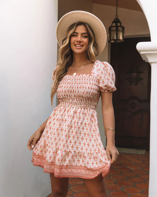 Kenna Printed Smocked Babydoll Dress - Peach | VICI