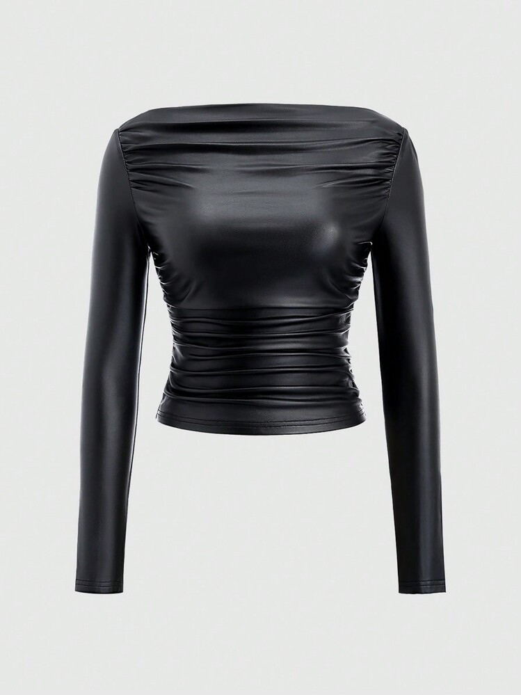 Sweetra Women's Form-Fitting Off Shoulder PU Leather Long Sleeve T-Shirt, Autumn Fall Cloth For Women | SHEIN