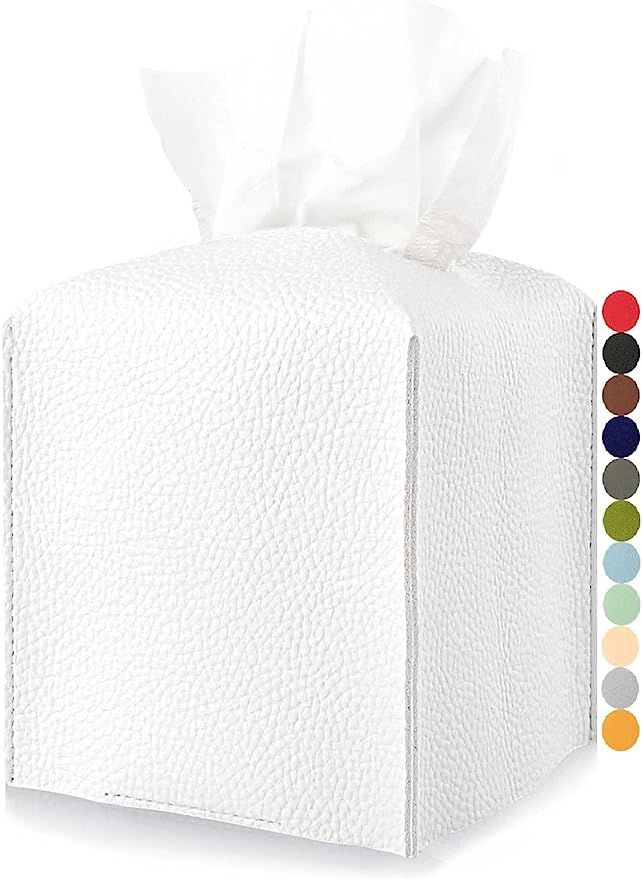 Square Tissue Box Cover Leather – with Bottom Belt [JESMINI, White] Modern PU Leather Tissue Bo... | Amazon (US)