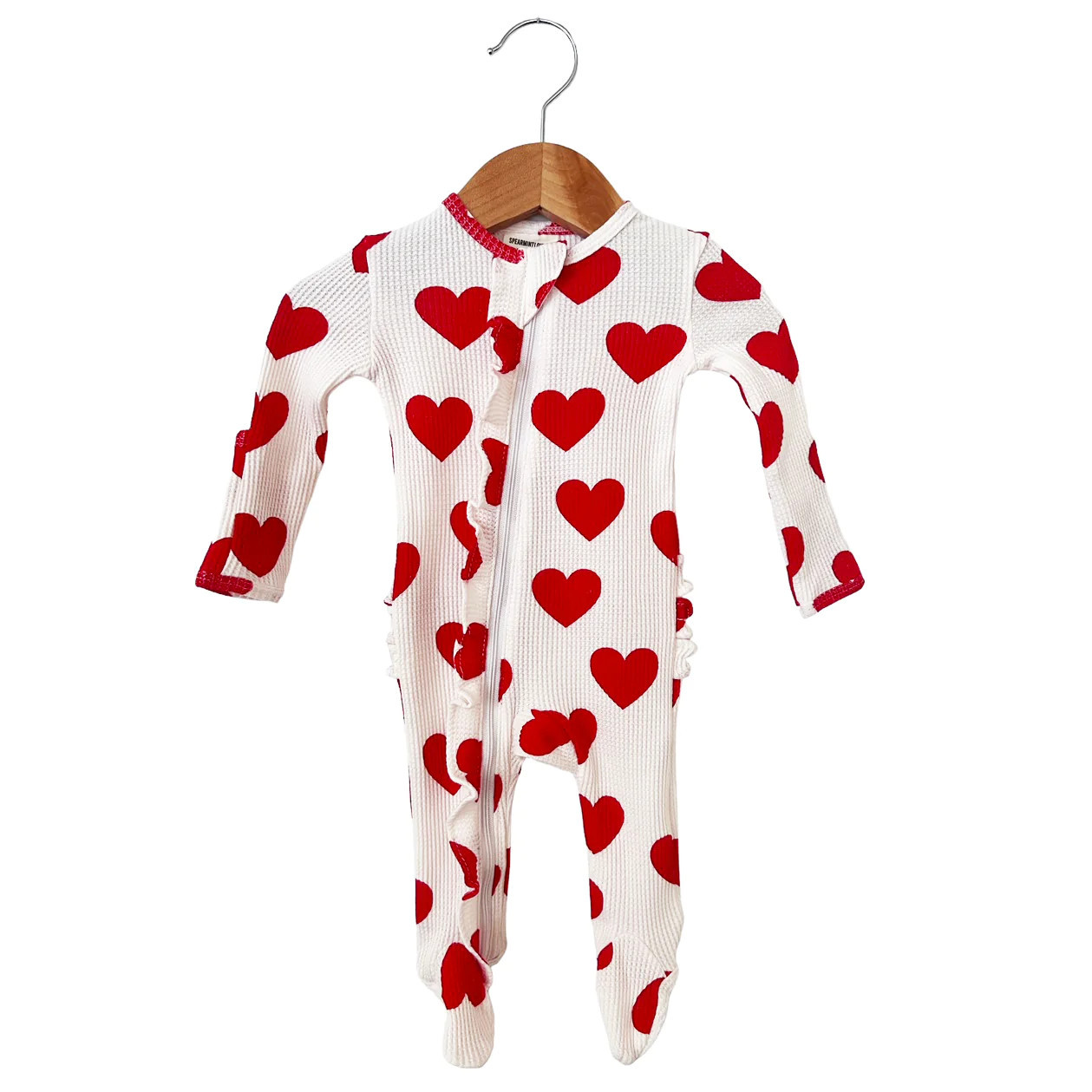 Organic Waffle Ruffle Zip Footie, Red Heart | SpearmintLOVE