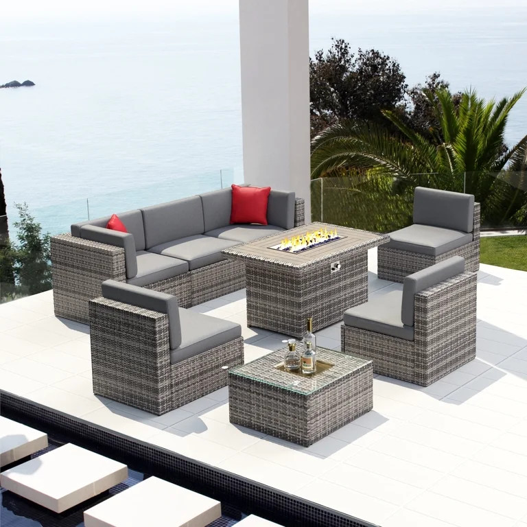 Aoxun 8 PCS Outdoor Patio Furniture Set with 44-inch Fire Pit Table, Gray Cushions | Walmart (US)