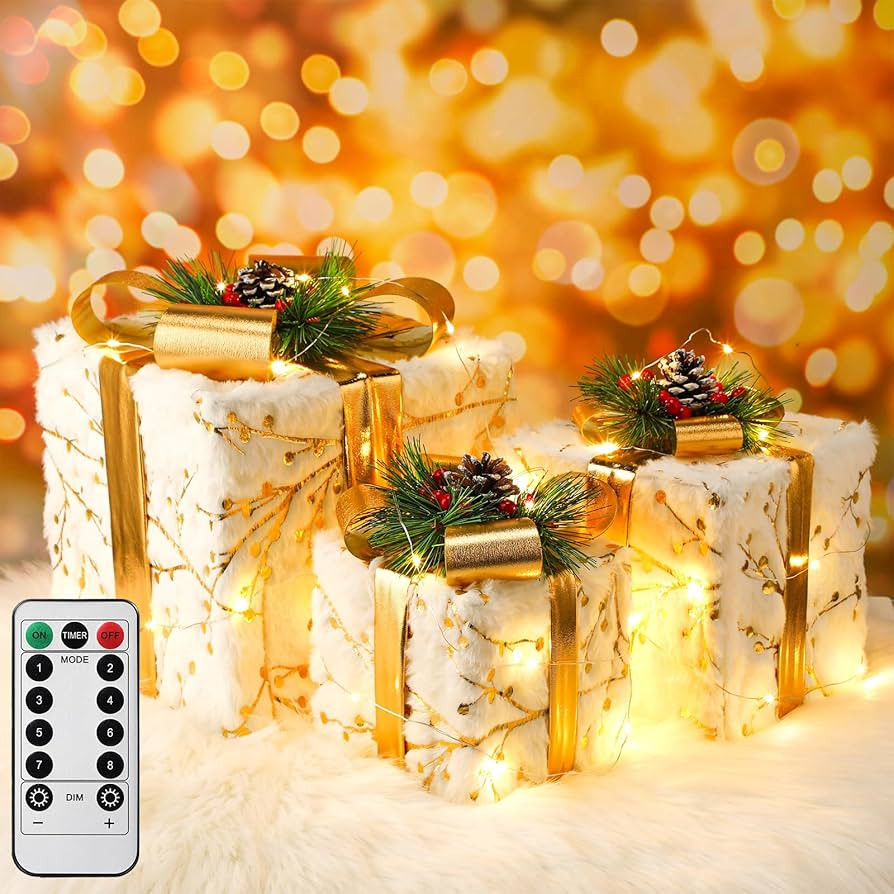 3 Set Christmas Lighted Gift Boxes Decorations 16.4 ft LED Strings Light Boxes Xmas Present Boxes... | Amazon (US)