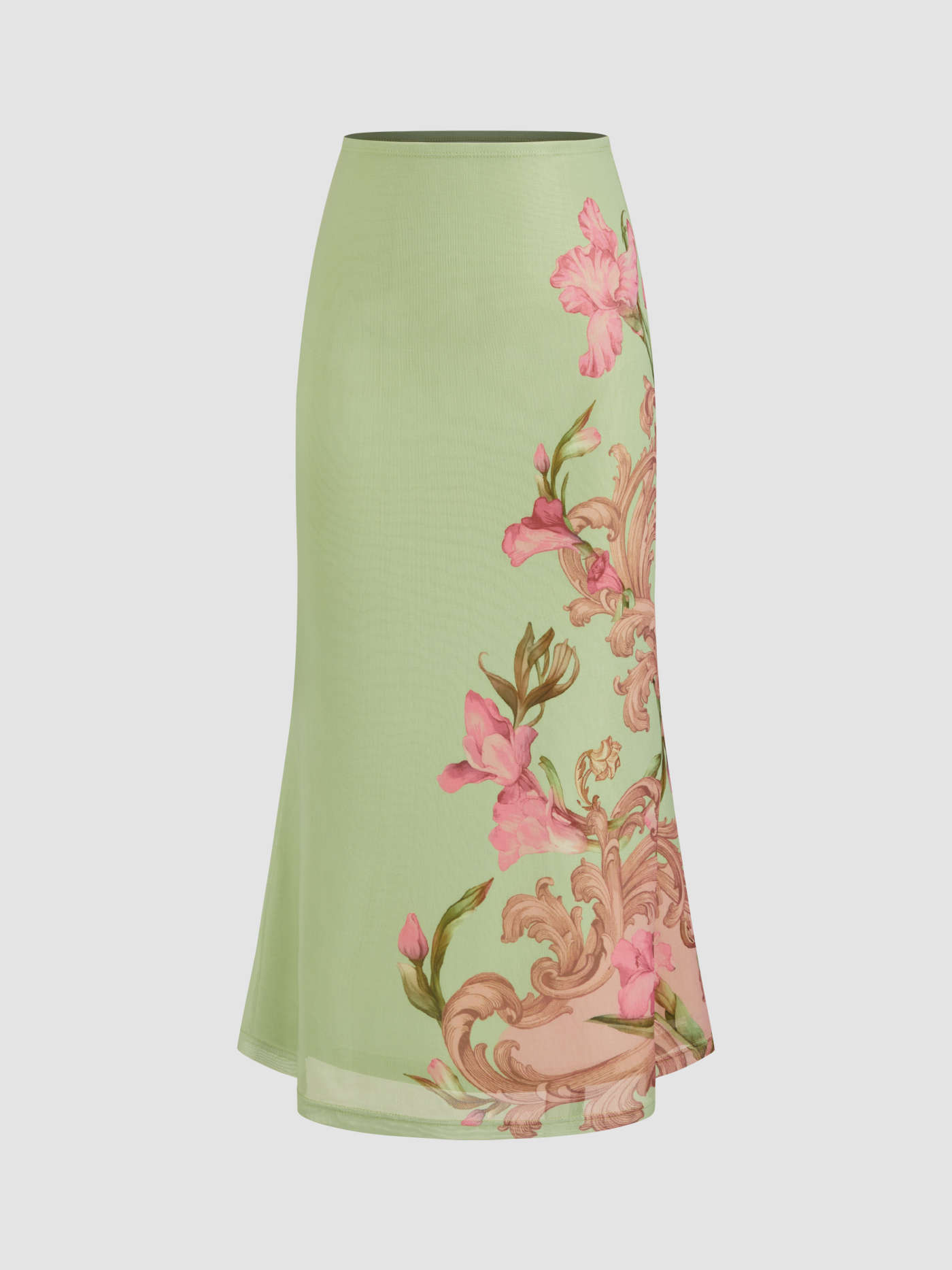 Mesh Mesh Mid Rise Floral Mermaid Midi Skirt For Daily Casual | Cider