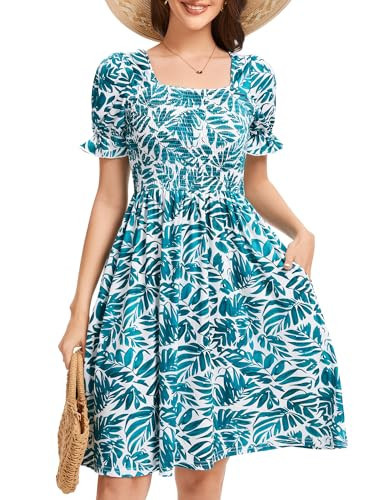 CVCPP Womens Summer Dress- Floral Print Square Neck Puff Sleeve Smocked Ruffle Hem A-line Mini Short Dresses Cd01-04-M | Amazon (US)
