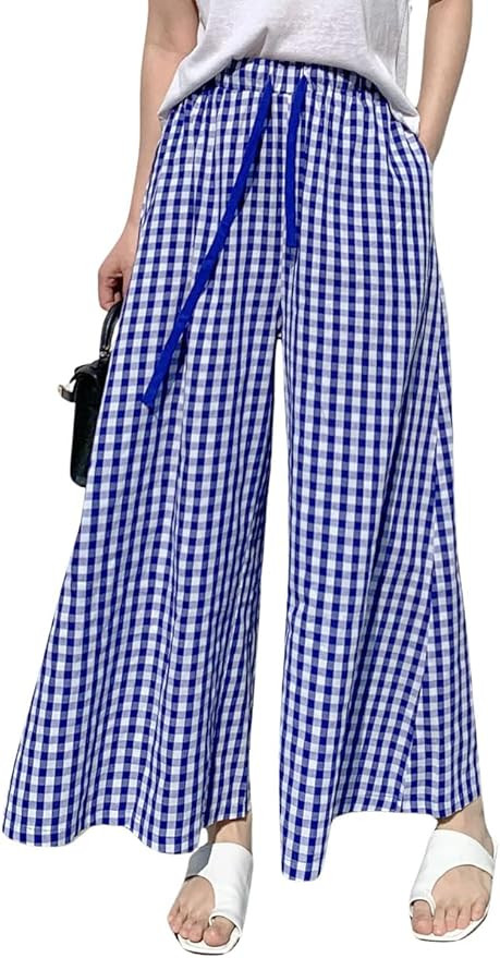 Women's High Waist Plaid Print Cropped Pant Gingham Wide Leg Palazzo Culotte Pants with Drawstrin... | Amazon (US)