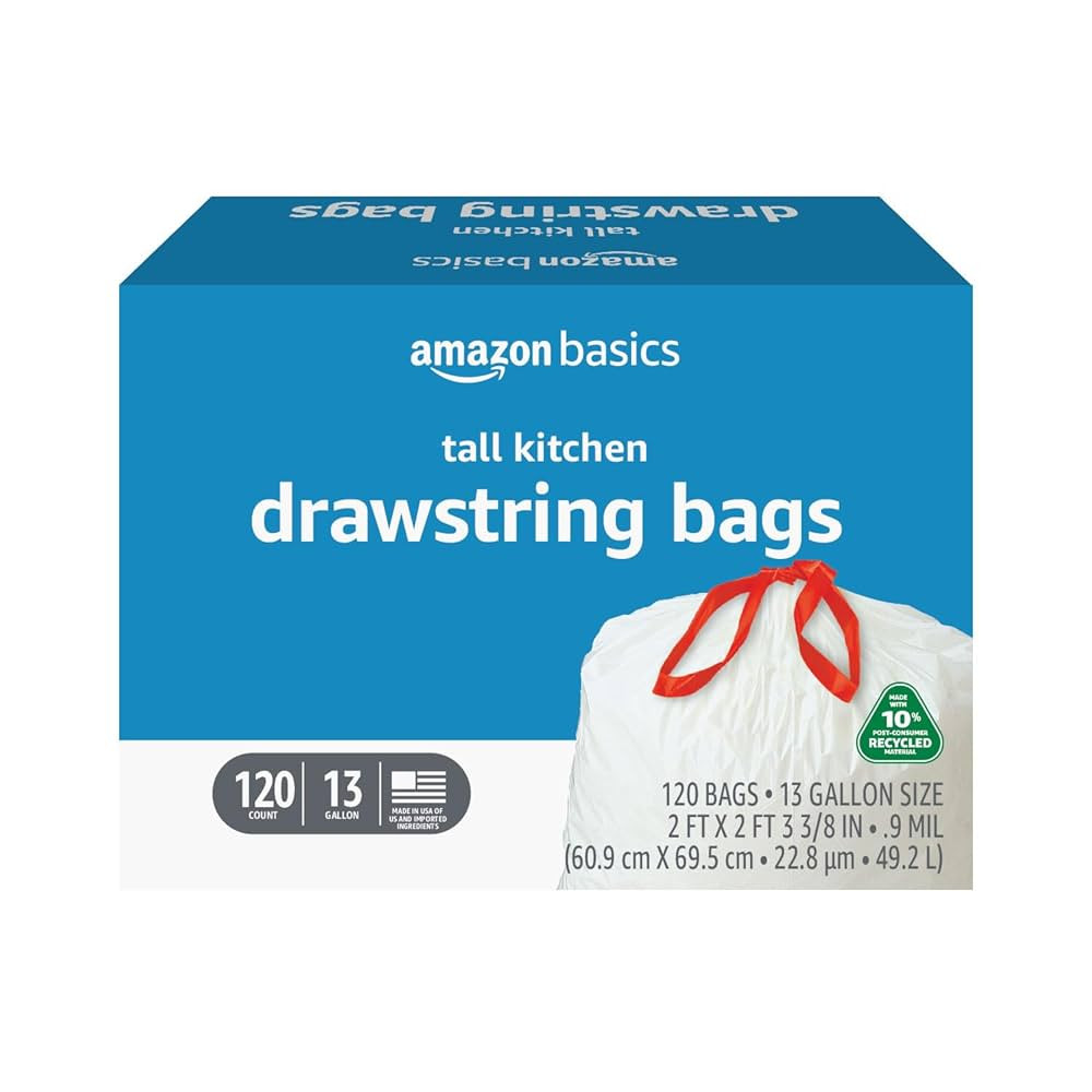 Amazon Basics 13 Gallon Tall Kitchen Drawstring Trash Bags, Unscented, 10% Post Consumer Recycled... | Amazon (US)