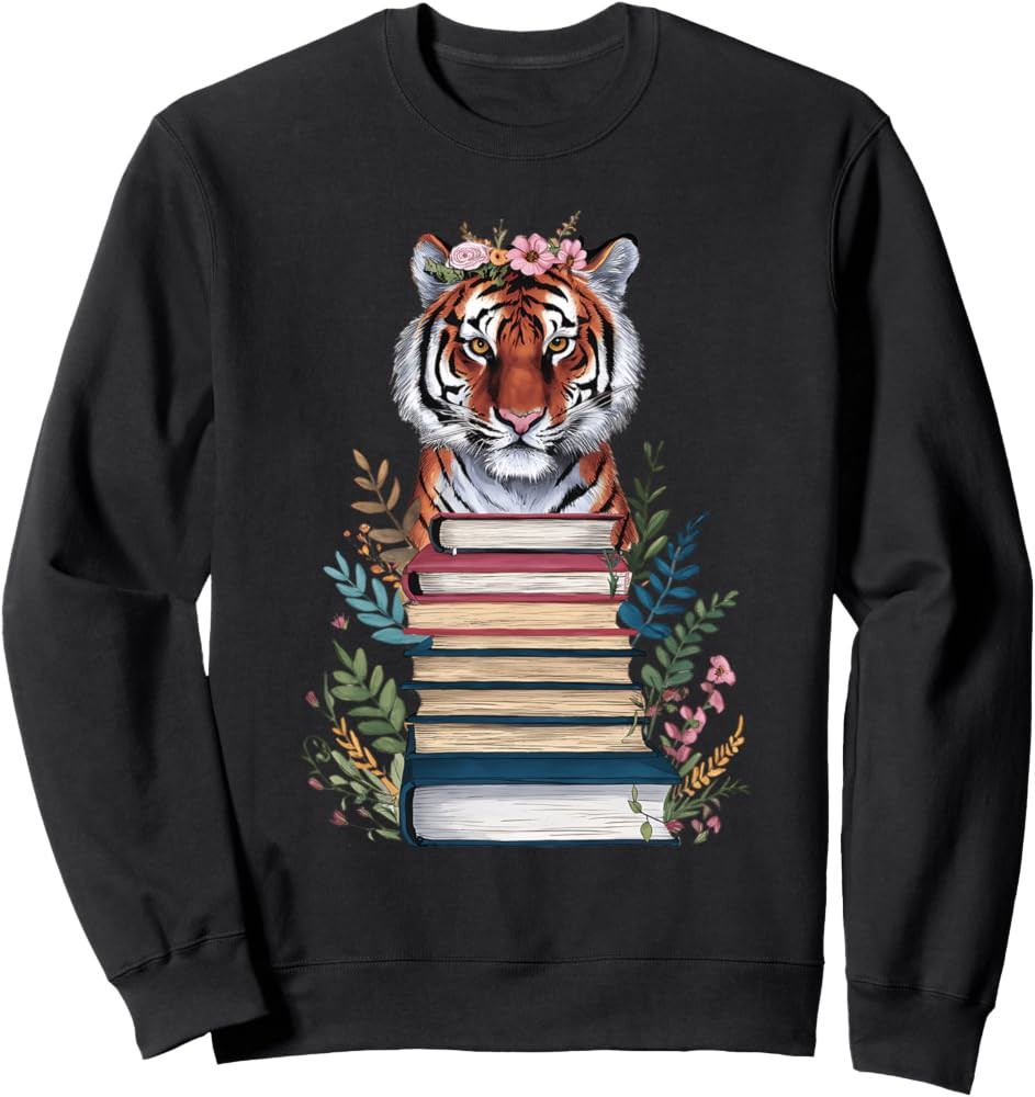 Cute Tiger With Book Floral Bookworm Librarian Book Lover Sweatshirt | Amazon (US)