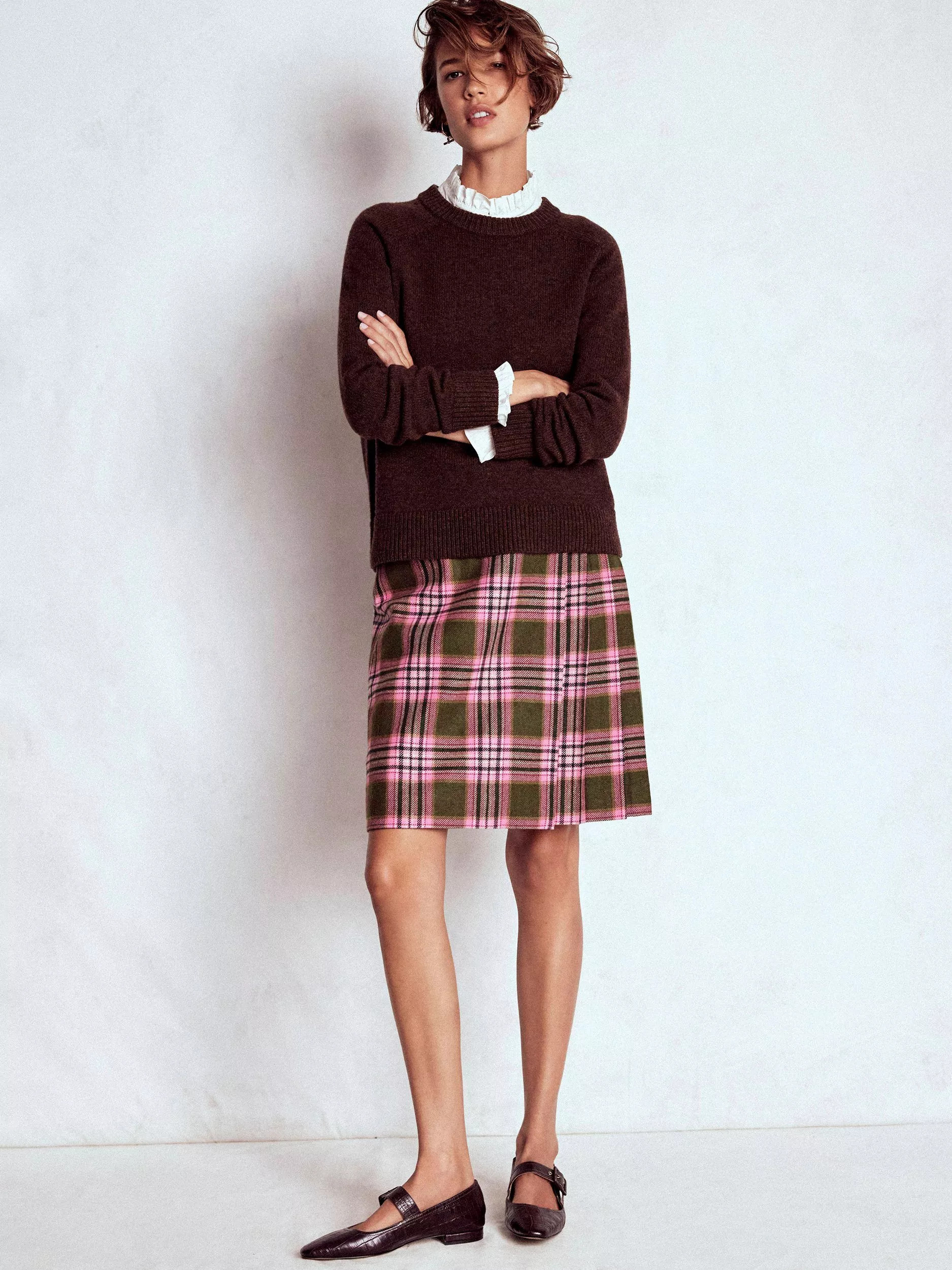 Boden Helen Tartan Wool Blend Kilt Skirt, Olive Green/Pink | John Lewis (UK)