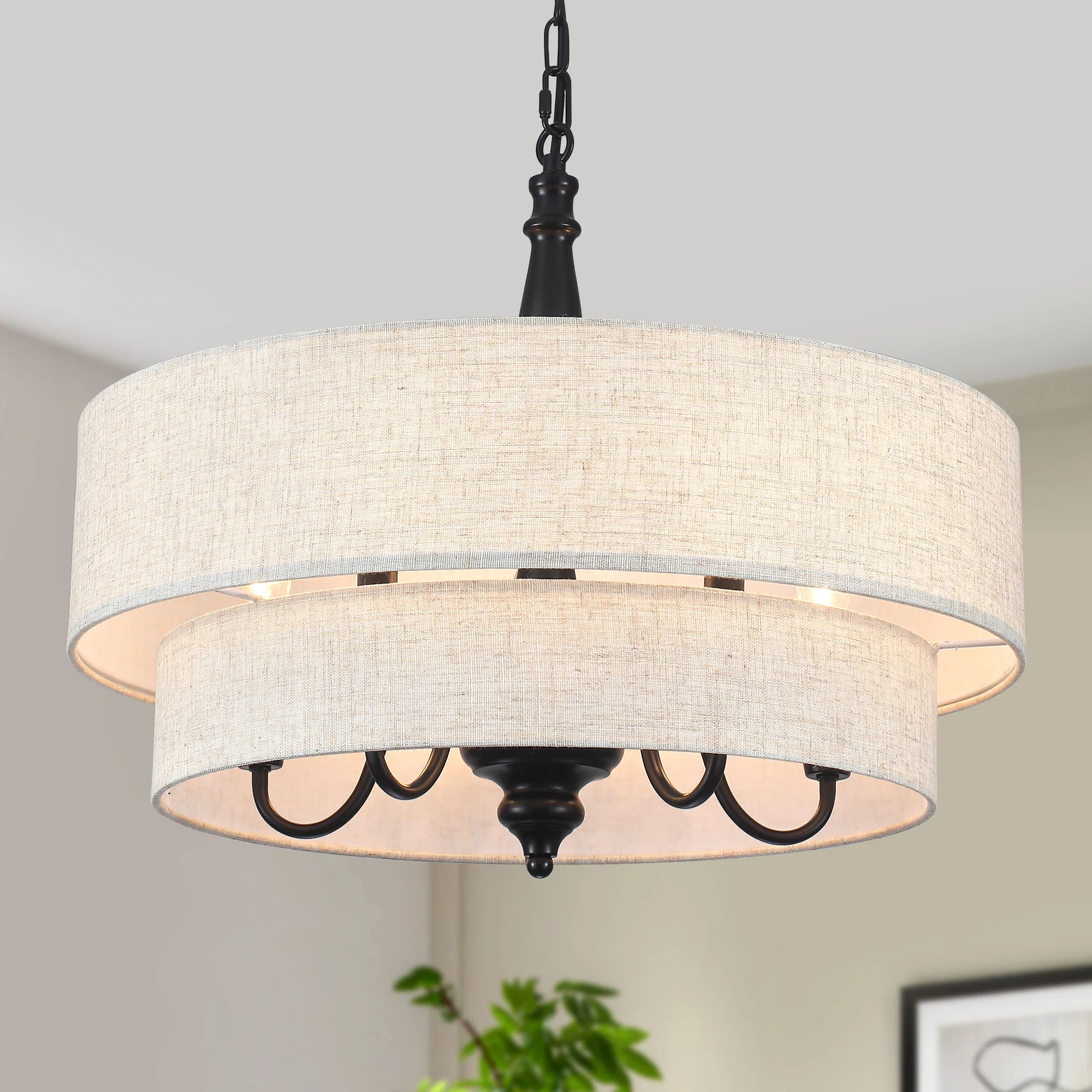 5 Light 21.26" Two Tiered Drum Chandelier With Fabric Shade For Dining Room Bedroom Kitchen Islan... | Wayfair North America