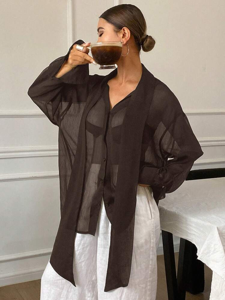 Livesso Women Loose Solid Color Flared Chiffon Drape Collar Long Sleeve Lightweight Casual Blouse... | SHEIN