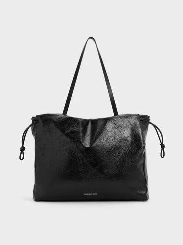 Black Bethel Crinkle-Effect Ruched Drawstring Tote Bag | CHARLES & KEITH | Charles & Keith EU