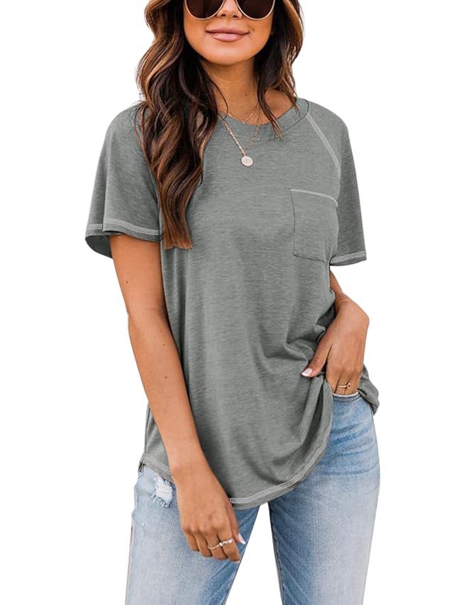 Berryou Short Sleeve Shirts for Women Crewneck Casual Loose Tunic Tee T-Shirts Pocket Summer Tops wi | Amazon (US)