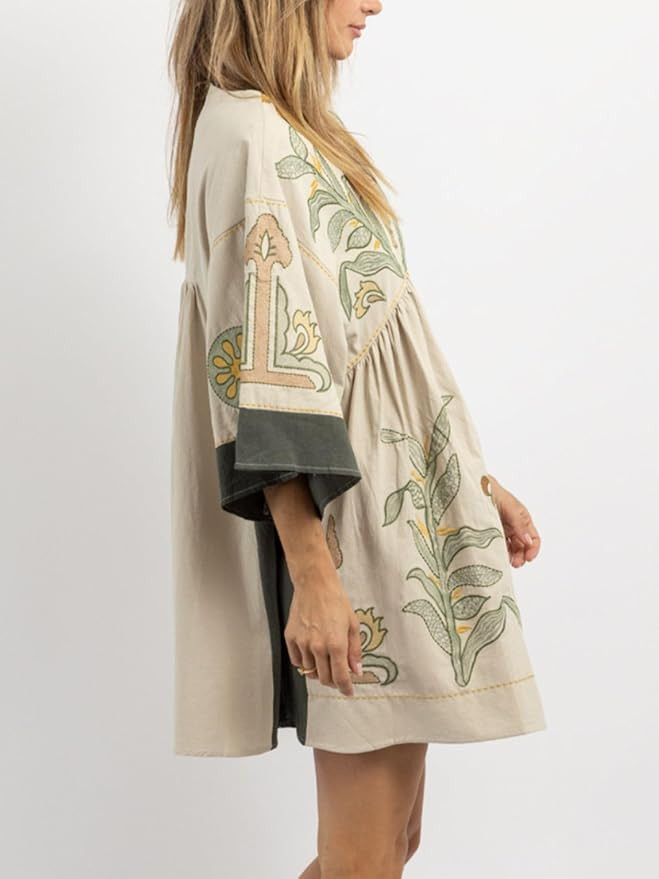 Womens Oversized Embroidered Dress with V-Neck and 3/4 Sleeves Vintage Embroidery Babydoll Dress | Amazon (US)