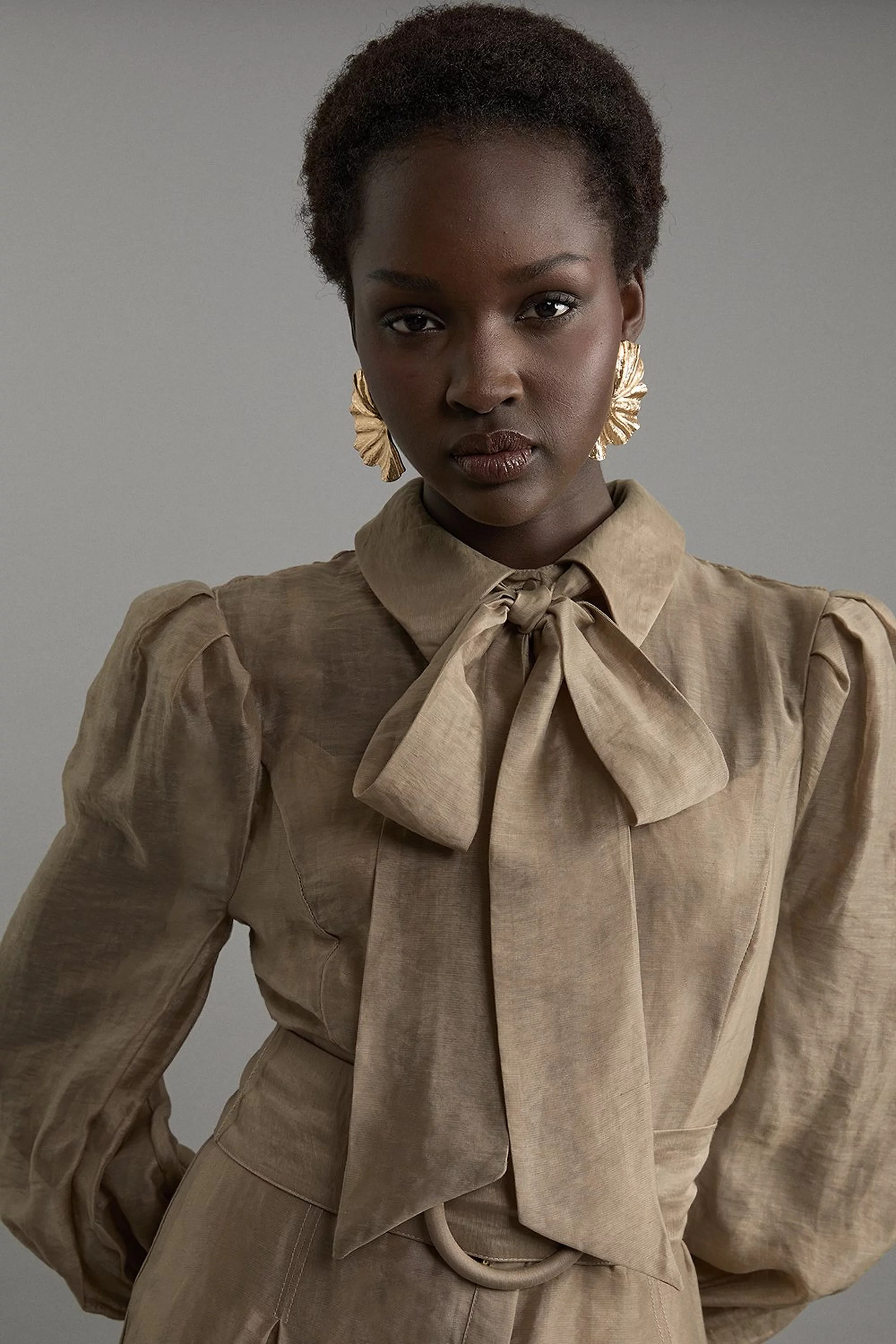 Petite Linen Blend Organdie Woven Pussybow Midaxi Dress | Karen Millen UK + IE + DE + NL