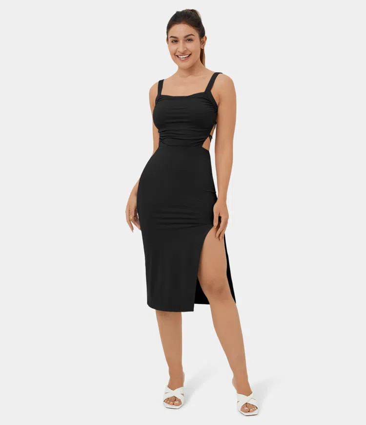 Women’s Ruched Backless Crisscross Lace Up Split Bodycon Midi Casual Dress - Halara | HALARA