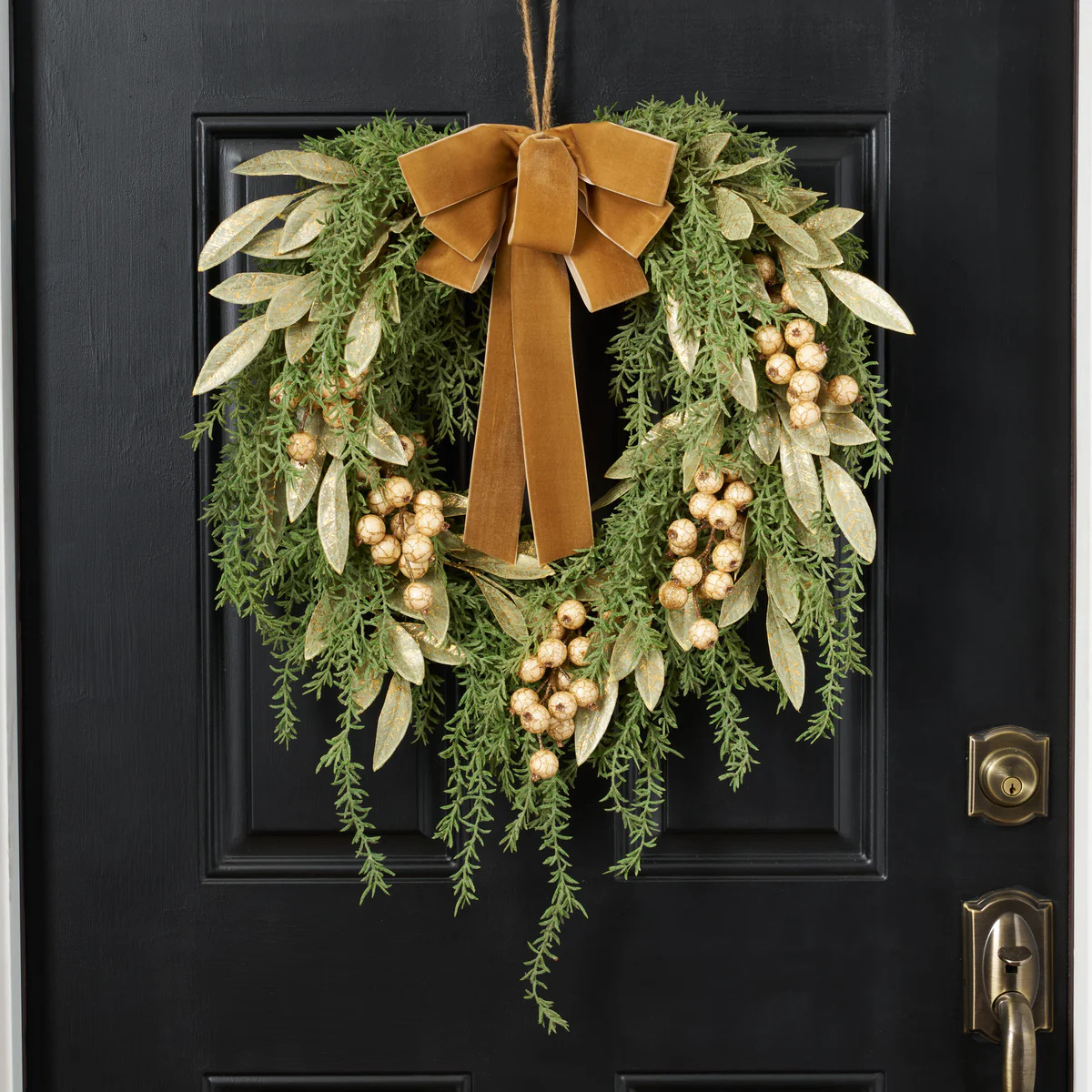 Downswept Pine Wreath with Gilded Eucalyptus, Rose Gold Crackle Berry, Velvet Draped Bow Winter C... | Darby Creek Trading