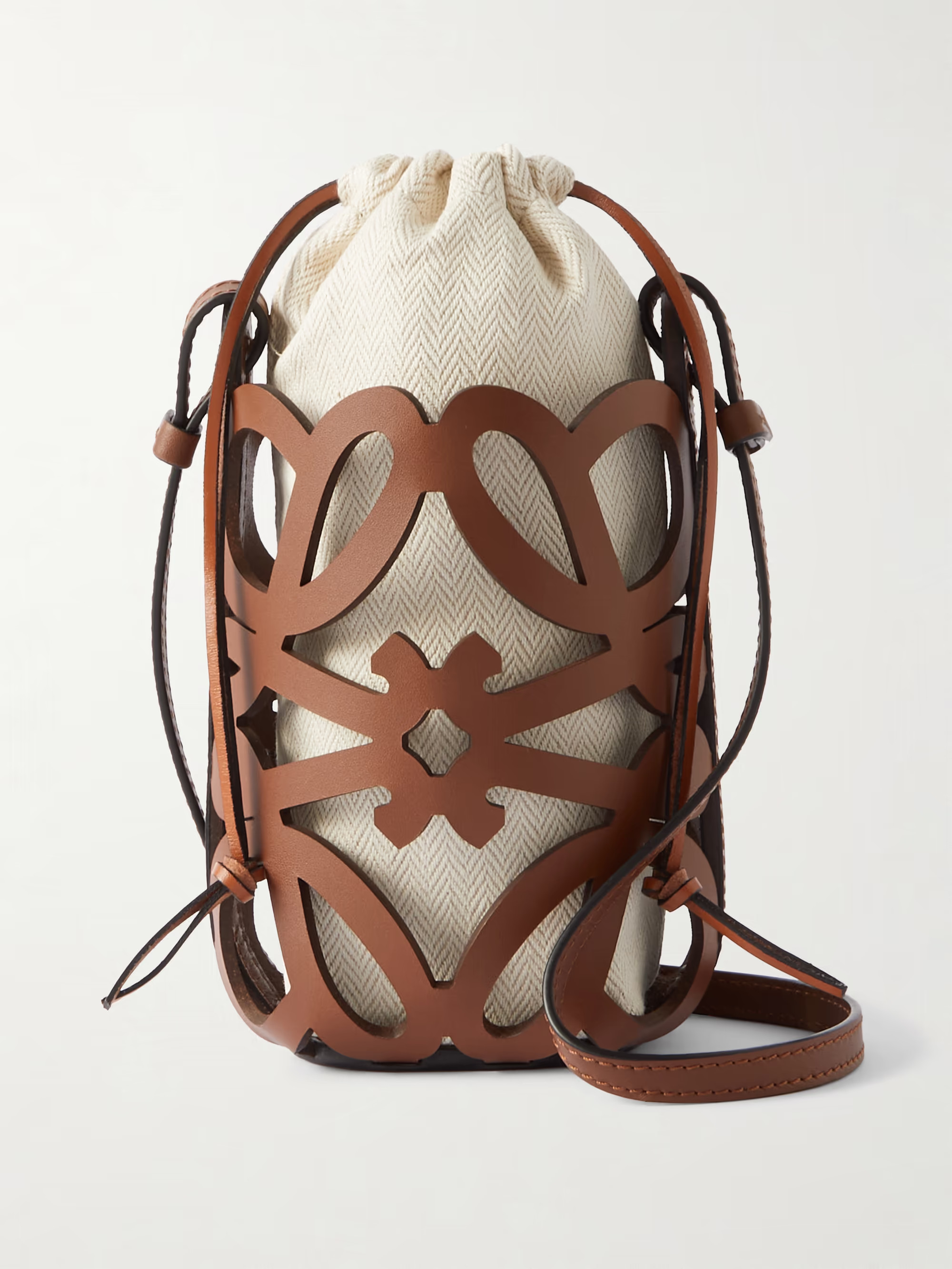 + Paula's Ibiza cutout leather and herringbone canvas shoulder bag | NET-A-PORTER (US)
