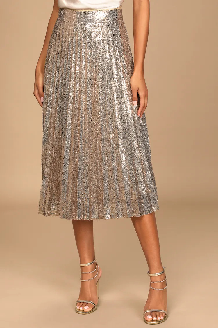 Glamorous Occasion Rose Gold Sequin Pleated Midi Skirt | Lulus