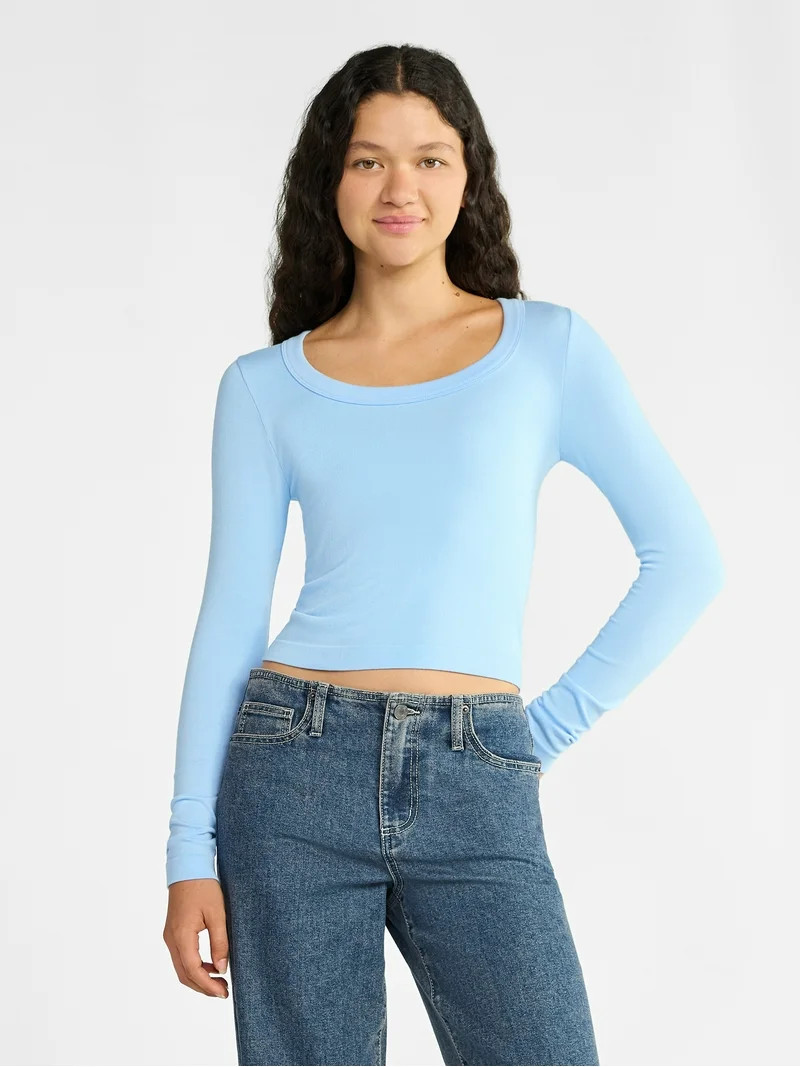No Boundaries Scoop Neck Seamless Tee, Women's | Walmart (US)