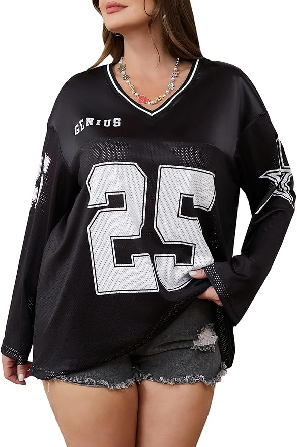 SOLY HUX Women's Y2k Jersey Shirts Oversized Mesh Number Graphic Tees V Neck Long Sleeve Blokette... | Amazon (US)