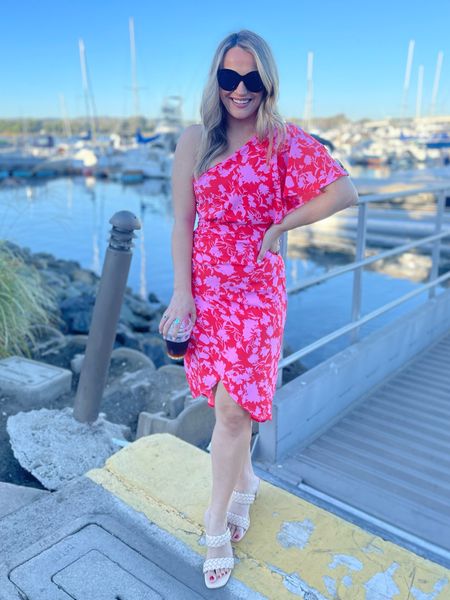 The perfect spring dress! So cute for an Easter dress, vacation dress or wedding guest dress! This one shoulder dress, heels and sunglasses are all amazon fashion finds #springdress #weddingguestdress #vacationoutfit 

#LTKunder50 #LTKwedding #LTKtravel