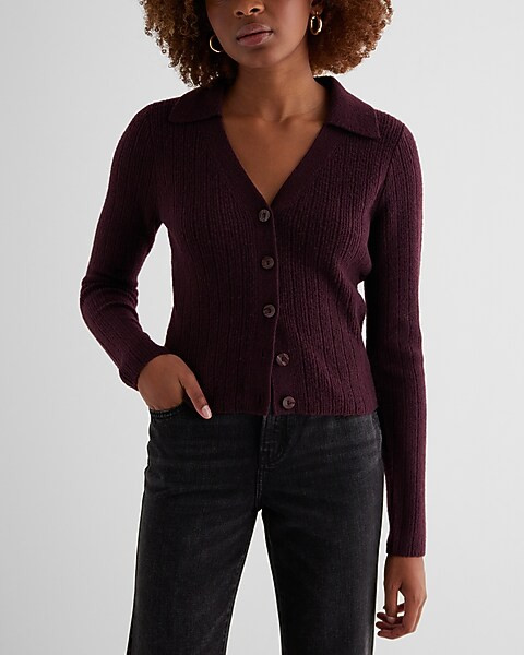 Ribbed V-Neck Polo Cardigan | Express